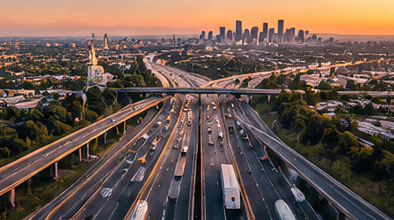 Aerial view of interstate highway interchanges leading to a city skyline