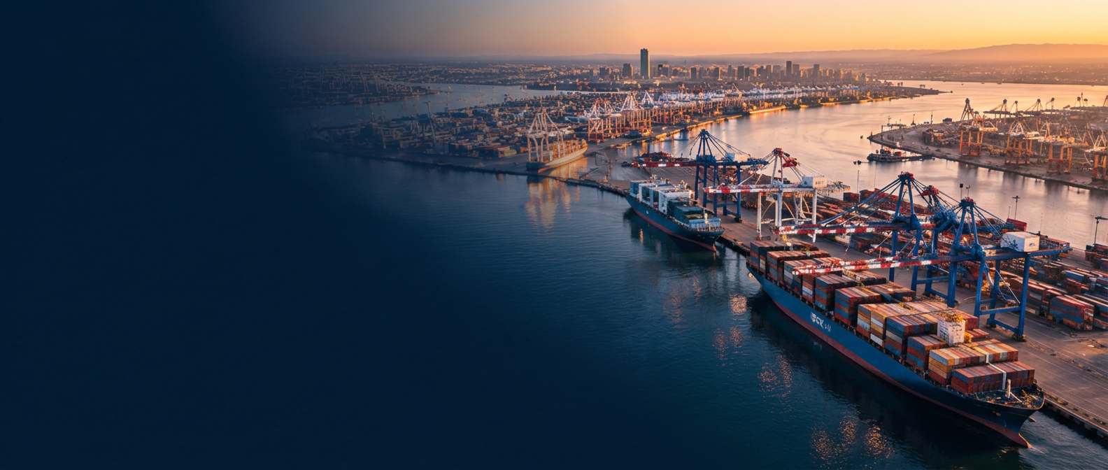 Aerial view of the Port of Long Beach at sunset with container ships, cranes and the downtown skyline