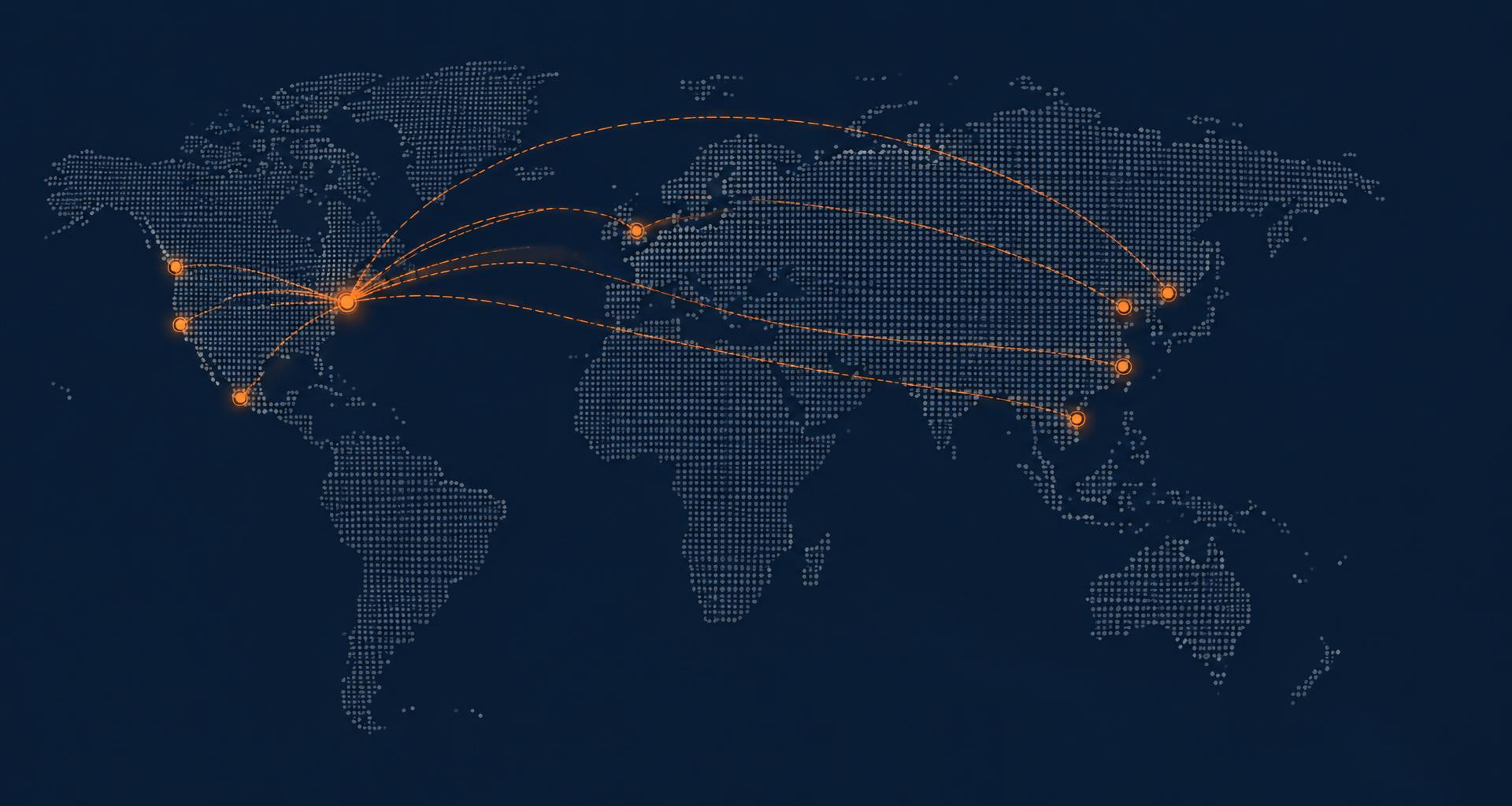 Stylized dotted world map with dashed trade routes connecting Asia, China, Europe, Mexico and Canada to North America