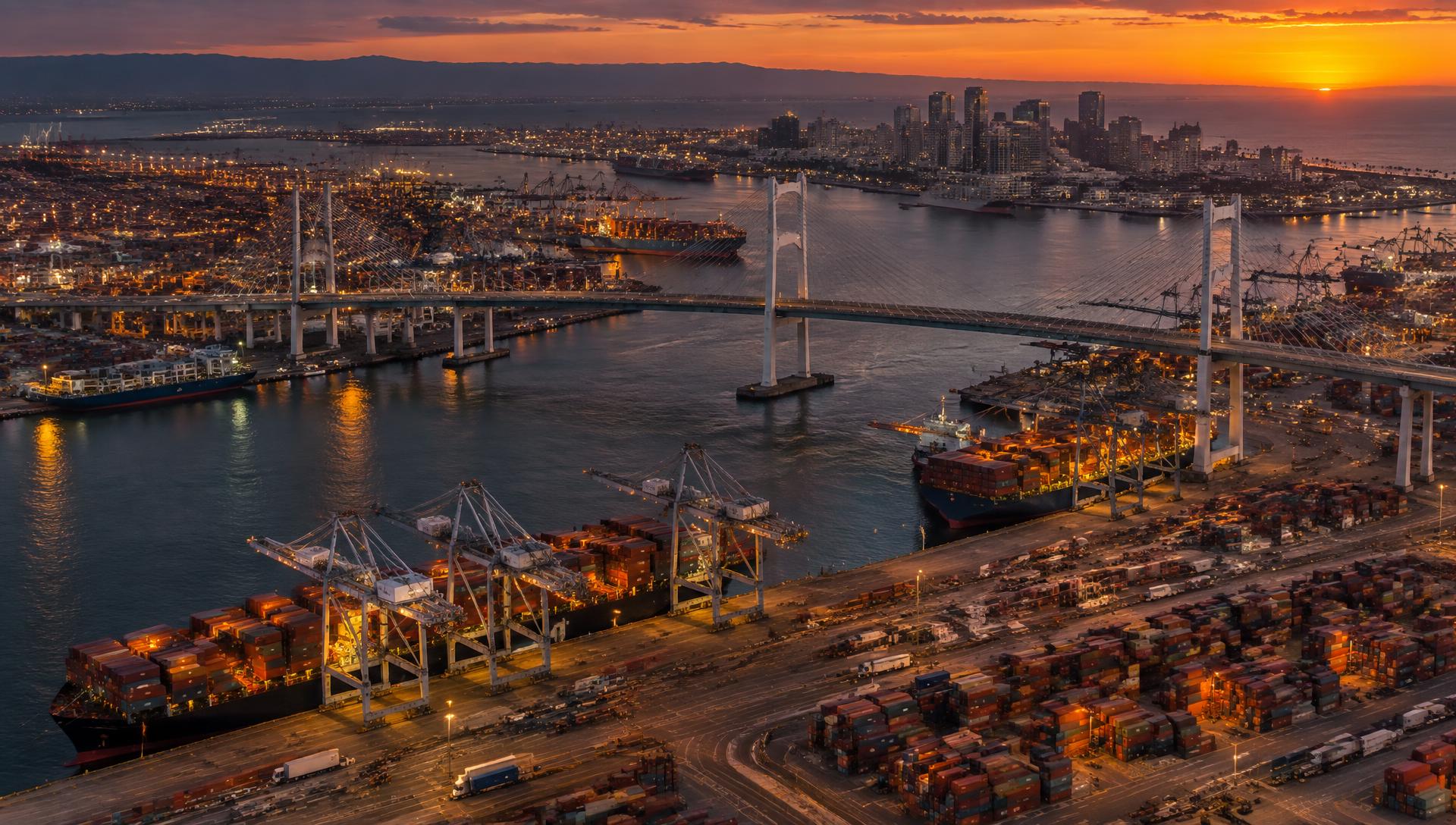 Container ship, cranes and a truck operating at a busy port terminal